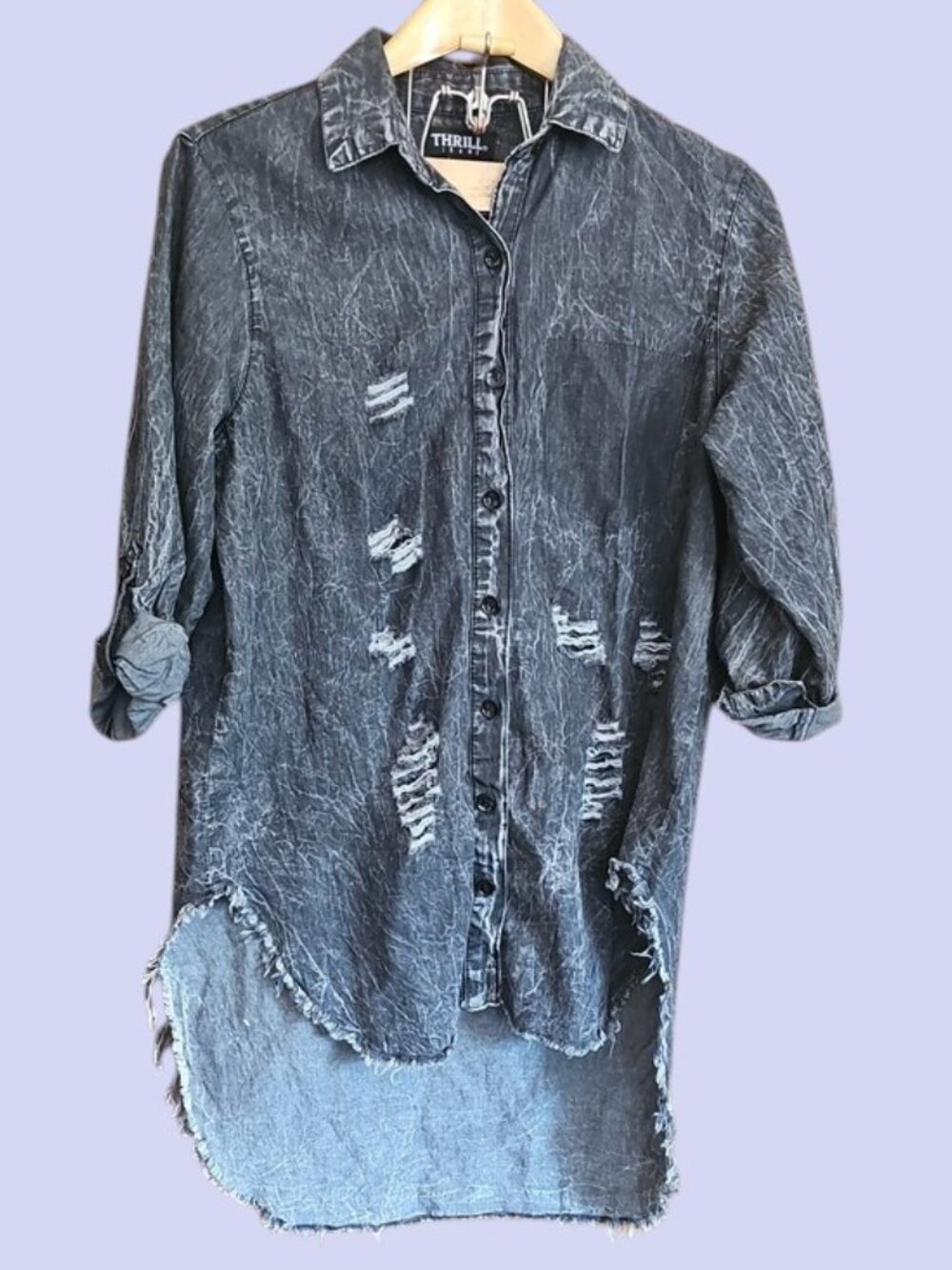 Thill Jeans Thou Shall Not Try Me Sarcastic Graphic Acid Wash Button-Up Top - Picture 2 of 15